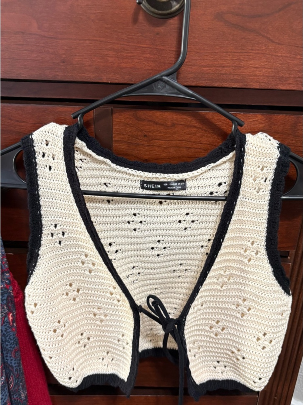 SHEIN Cream Crochet Tie-Front Crop Top with Black Trim